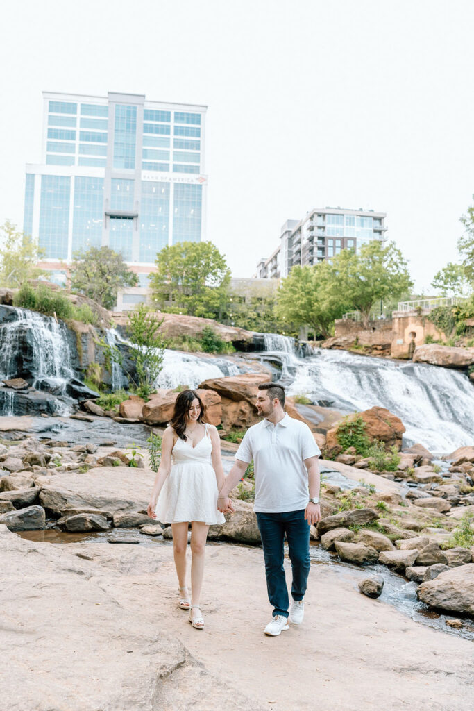 Couple engagement session at Falls Park Liberty Bridge downtown Greenville, South Carolina