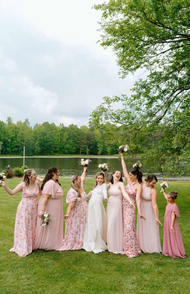Mismatched bridesmaid dresses in coordinated wedding colors creating a modern and personalized wedding palette
