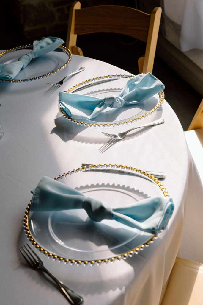 Modern cobalt blue wedding color palette with reception details and floral accents at an outdoor South Wind Ranch wedding